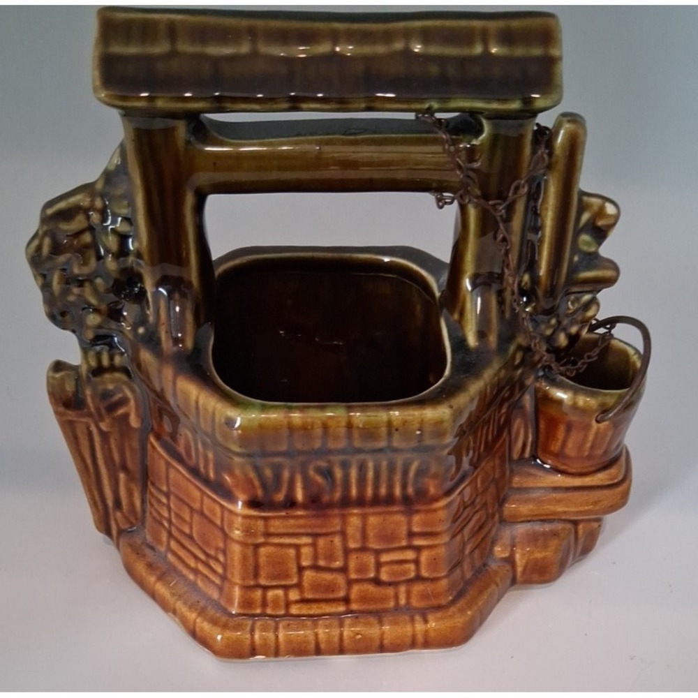 Vintage 1950's McCoy Pottery Green & Brown Drip Glaze Wishing Well Planter USA